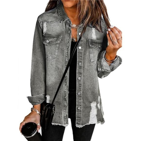 WOMEN'S Oversized Denim Jacket Casual Long C3 Gray